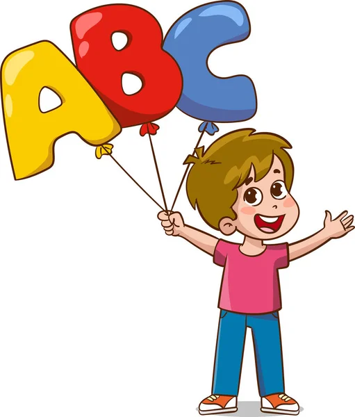 Cartoon Vector Illustratie Van Boy Holding Kleurrijke Ballon Met Abc — Stockvector