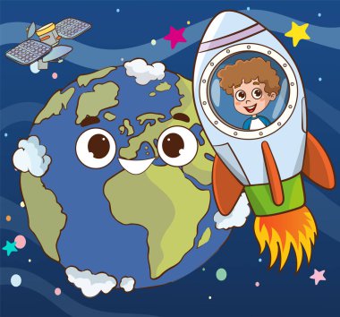 Çocuk astronotun vektör çizimi uzayda mutlu hissediyor
