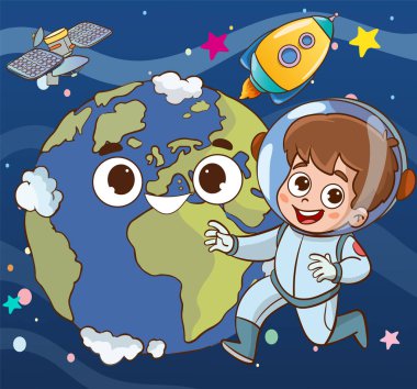 Çocuk astronotun vektör çizimi uzayda mutlu hissediyor