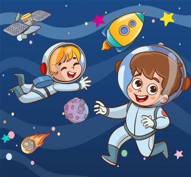 Çocuk astronotun vektör çizimi uzayda mutlu hissediyor