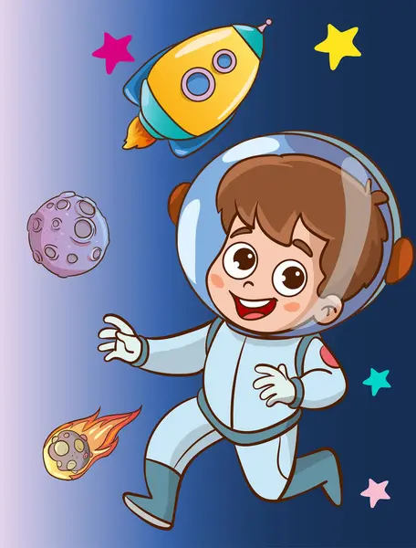 Vector Illustration Child Astronaut Feels Happy Space — Stock Vector