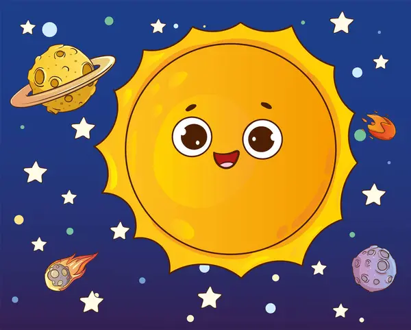 Cute Cartoon Sun Planets Space Background Vector Illustration — Stock Vector