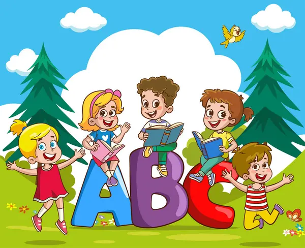 Шрифт Слова Abc Детьми Играющими Векторной Иллюстрации Парка — стоковый вектор