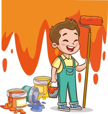Cartoon children with paint bucket and paint roller. Vector illustration. clipart