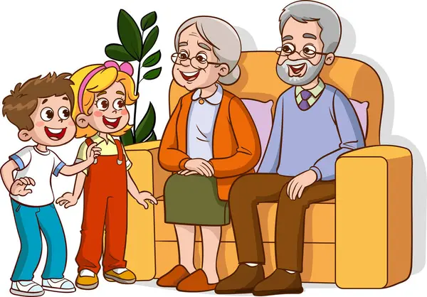 有孙子孙女的祖父母一个卡通家庭坐在沙发上的矢量图 — 图库矢量图片