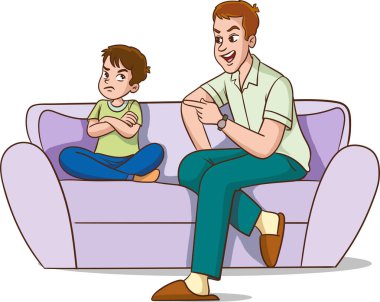 Babanın oğlunu azarladığının vektör karikatür çizimi. Kızgın Baba, Üzgün Çocuk 'a bağırıyor. Kızgın ebeveyn. Yanlış eğitim, psikoloji.