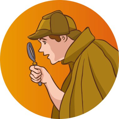 Büyüteç camı köşe karikatür düz tasarım vektör çizim bakmak ile Noir Dedektif 