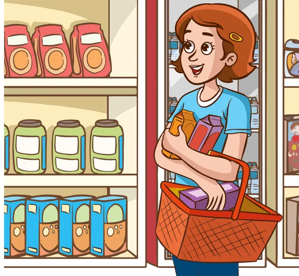 Vektor Illustration Einer Jungen Frau Beim Einkaufen Einem Lebensmittelgeschäft — Stockvektor