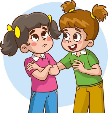 Farklı duyguları olan mutlu çocukların vektör çizimi. Depresyondaki arkadaşını rahatlatmaya çalışan arkadaşlar.