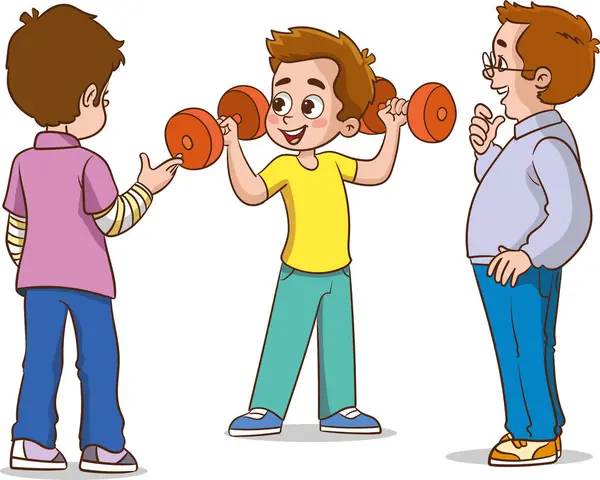 Διανυσματική Απεικόνιση Των Παιδιών Που Ασκούν Dumbbells Στο Γυμναστήριο — Διανυσματικό Αρχείο