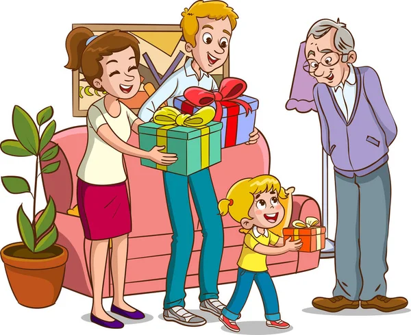 Lycklig Familj Som Firar Farfars Födelsedag Vektor Illustration Tecknad Stil — Stock vektor