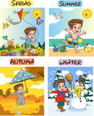 Çizgi filmci çocukla Dört Mevsim 'in Vektör Çizimi