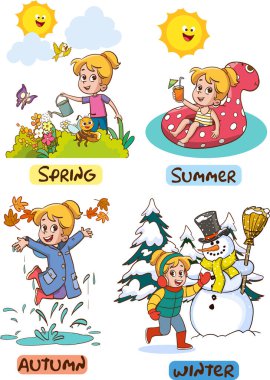 Çizgi filmci çocukla Dört Mevsim 'in Vektör Çizimi