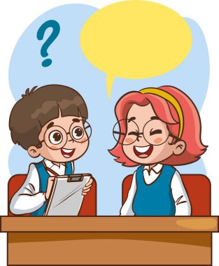 Çocuklar fikir vektörü illüstrasyonunu düşünen çocuklar, arkadaş vektör illüstrasyonuna sorular soruyorlar.