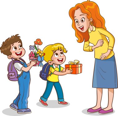 Çocuklar öğretmenine bir buket çiçek veriyor, mutlu öğretmenler günü için basit bir çizim.. 