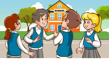 Okulda birbirleriyle konuşan öğrenciler çizgi film vektörü.