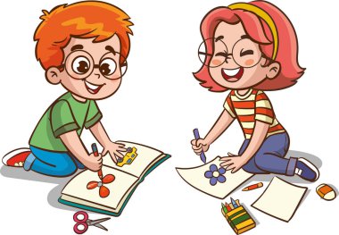 Mutlu çocukların pastel boyalarla çizimlerinin vektör çizimi. Mutlu küçük çocuklar yere birlikte resim çiziyorlar..