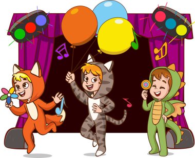 Çocuk Oyuncular Sahnede Gösteri Yapıyor. Yetenekli Okul Çocukları Tiyatrosu Gösterisiyle Renk Vektörü İllüstrasyonu.