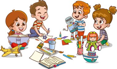 Kalem ve boyayla çizim yapan çocuklar. Bir grup çocuğun vektör çizimi. Küçük şirin çocuklar arkadaşlarıyla sanat için kağıt kesiyorlar..