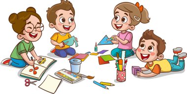 Kalem ve boyayla çizim yapan çocuklar. Bir grup çocuğun vektör çizimi. Küçük şirin çocuklar arkadaşlarıyla sanat için kağıt kesiyorlar..