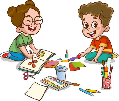 Kalem ve boyayla çizim yapan çocuklar. Bir grup çocuğun vektör çizimi. Küçük şirin çocuklar arkadaşlarıyla sanat için kağıt kesiyorlar..