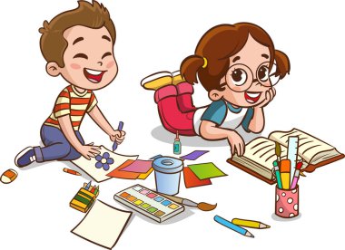 Kalem ve boyayla çizim yapan çocuklar. Bir grup çocuğun vektör çizimi. Küçük şirin çocuklar arkadaşlarıyla sanat için kağıt kesiyorlar..