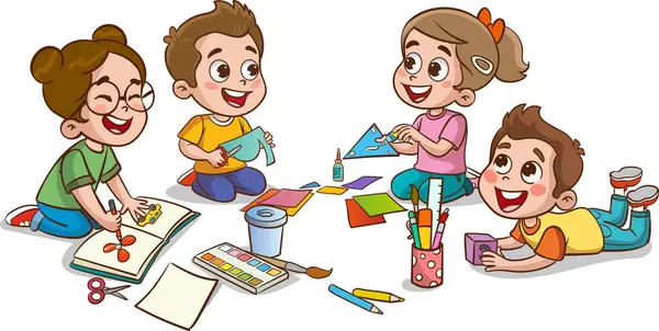 Kalem ve boyayla çizim yapan çocuklar. Bir grup çocuğun vektör çizimi. Küçük şirin çocuklar arkadaşlarıyla sanat için kağıt kesiyorlar..