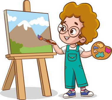 Cute artist little kids painting on canvas vector illustration clipart