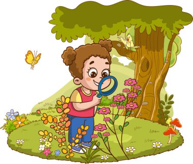 Çocuk büyüteçle bitkilere bakıyor.