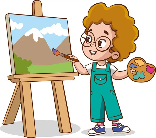 Cute Artist Little Kids Painting Canvas Vector Illustration — Stock Vector