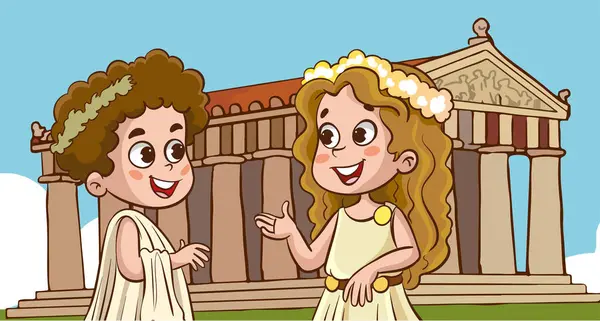 Little Children Dressed Ancient Greek Antique Costumes Talking Happy Children — Stock Vector