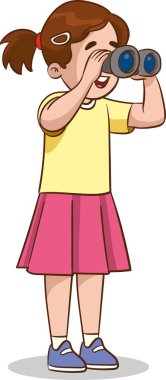 Dürbünle bakan mutlu ve meraklı küçük çocuk. Düz biçim vektör çizimi beyaz arkaplanda izole edildi.
