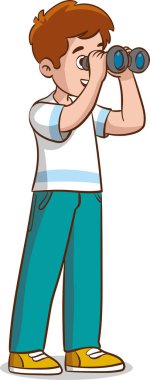 Dürbünle bakan mutlu ve meraklı küçük çocuk. Düz biçim vektör çizimi beyaz arkaplanda izole edildi.