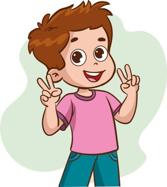 Farklı pozitif duyguları, duyguları, heyecanlı yüz ifadeleri, el hareketlerini, V işaretini, kendine güveni ve iyimser vücut dilleri olan sevimli mutlu çocuklar.