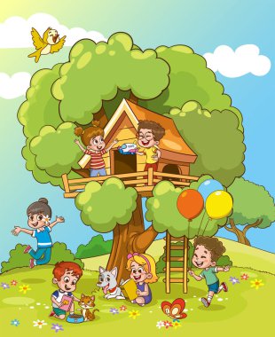 Ağaç evde oynayan çocukların vektör illüstrasyonu