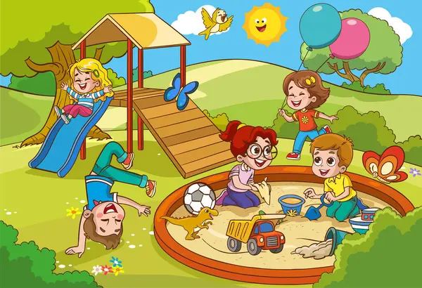 Çocuk parkındaki mutlu çocukların vektör çizimi