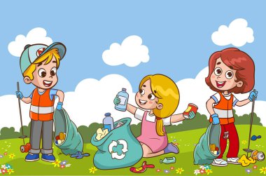 Parkta plastik şişe ve çöp toplayan kız ve erkeklerin vektör çizimi