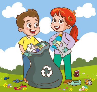 Parkta plastik şişe ve çöp toplayan kız ve erkeklerin vektör çizimi