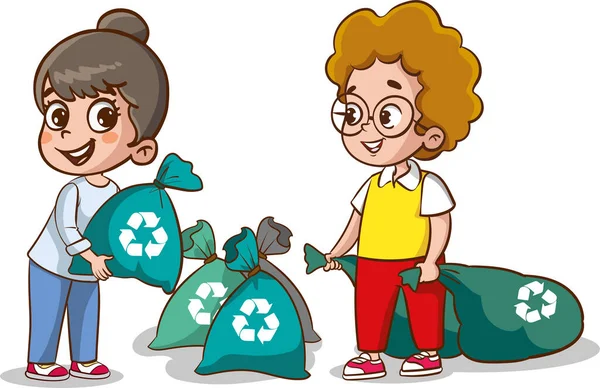 Vector Illustration Children Carrying Garbage Bags — Stock Vector