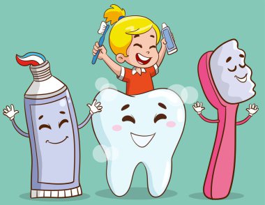 Çizgi film Karakteri ile Diş Fırçalama Vektörü