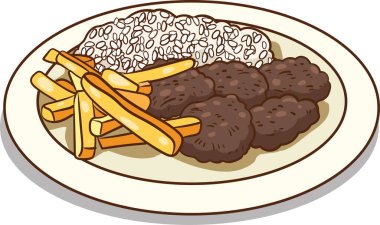 Patates kızartması ve köfteli bir tabak pirincin vektör çizimi
