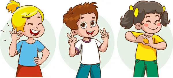 Enfants Heureux Mignons Avec Différentes Émotions Positives Sentiments Expressions Faciales — Image vectorielle