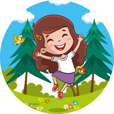Güneşli bir günde çimlerin üzerinde zıplayan mutlu çocukların temsilcisi.