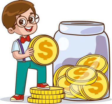 Gülümseyen küçük çocuk domuz kumbarası tutuyor ve içine bozuk para koyuyor. Genç çocuklar çizgi film karakteri para biriktiriyor, geleceğe yatırım yapmak için para topluyor. Maliye ve tasarruf ekonomisi, çocuk bütçesi