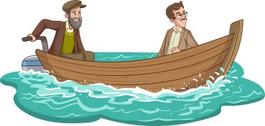 Denizlerde yüzen iki adamın vektör çizimi. Tekne ve deniz manzaralı adamlar.