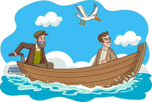 船上と海岸に浮かぶ2人の男性のベクターイラスト — ストックベクタ