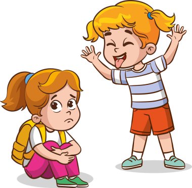 Zayıf akranlarına zorbalık eden öfkeli çocukların vektör çizimi. Çocuklar zorbalığa uğruyor. Çocuklar arasındaki sözlü ve fiziksel sosyal çatışma, savaş istismarı, kavga ve alaycı sınıf arkadaşı
