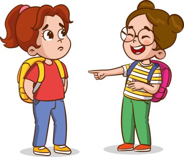 Zayıf akranlarına zorbalık eden öfkeli çocukların vektör çizimi. Çocuklar zorbalığa uğruyor. Çocuklar arasındaki sözlü ve fiziksel sosyal çatışma, savaş istismarı, kavga ve alaycı sınıf arkadaşı