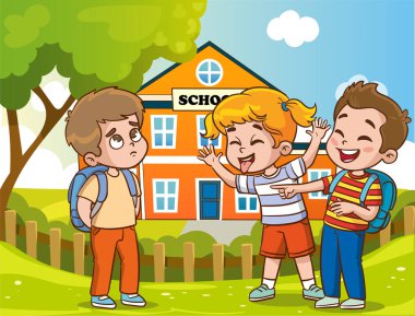 Zayıf akranlarına zorbalık eden öfkeli çocukların vektör çizimi. Çocuklar zorbalığa uğruyor. Çocuklar arasındaki sözlü ve fiziksel sosyal çatışma, savaş istismarı, kavga ve alaycı sınıf arkadaşı