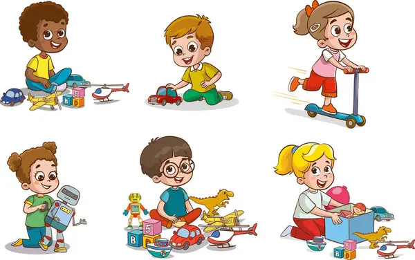 Set Verzameling Van Vector Schattige Baby Kids Personages Spelen Met — Stockvector